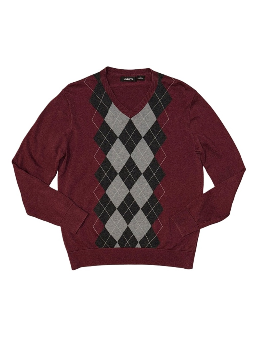 CLAIBORNE Men's Maroon Argyle Long Sleeve Sweater Size Medium